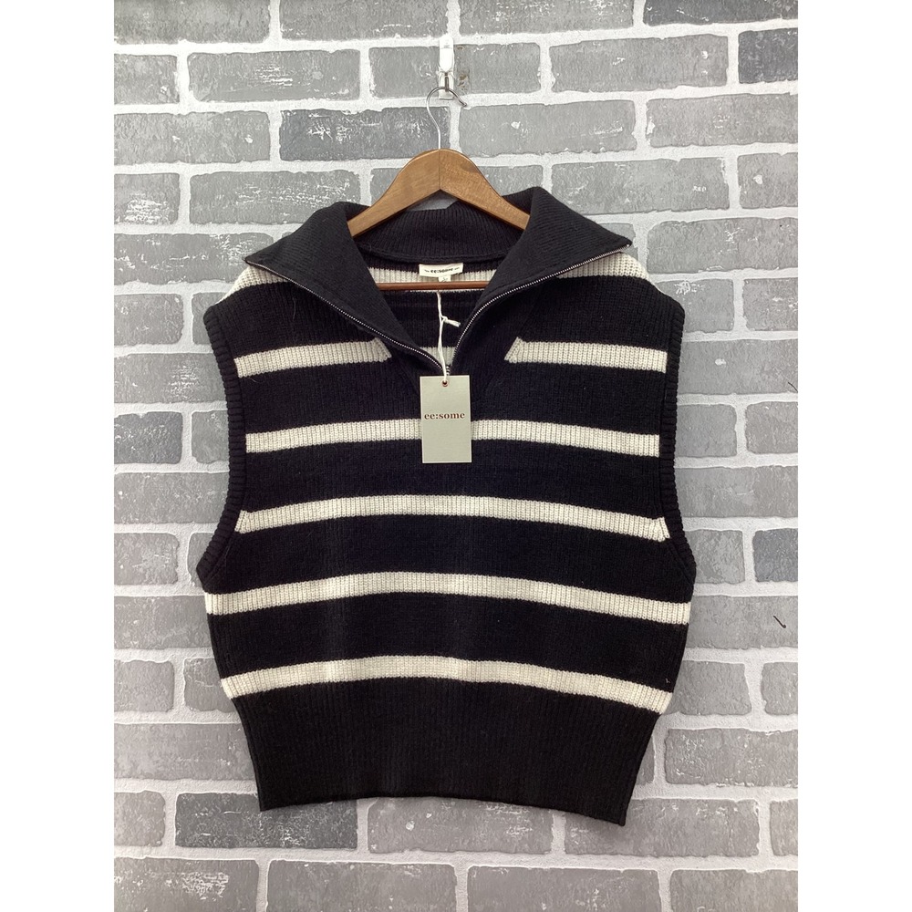 Ee:some Womens Black White Striped Quarter Zip Sweater Vest Size L NWT